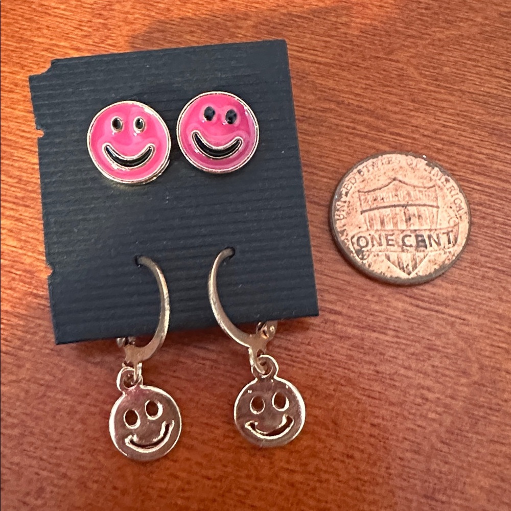 Set of Pink Enamel painted Smiley Face Stud & Gold‎ Tone Smiley Dangle Earrings